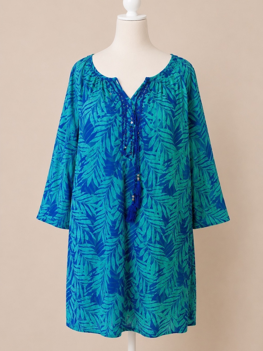 Catherine’s • Blue & Green Lightweight Leaf Print Tropical Rhinestone Tunic 1XP